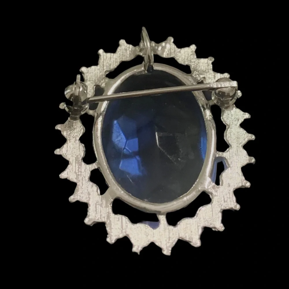 Blue Faceted Glass Pendant or Brooch Combo Silver Tone with Rhinestones - Picture 4 of 12